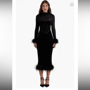 House of CB Lianna feather trim long sleeve corset midi dress